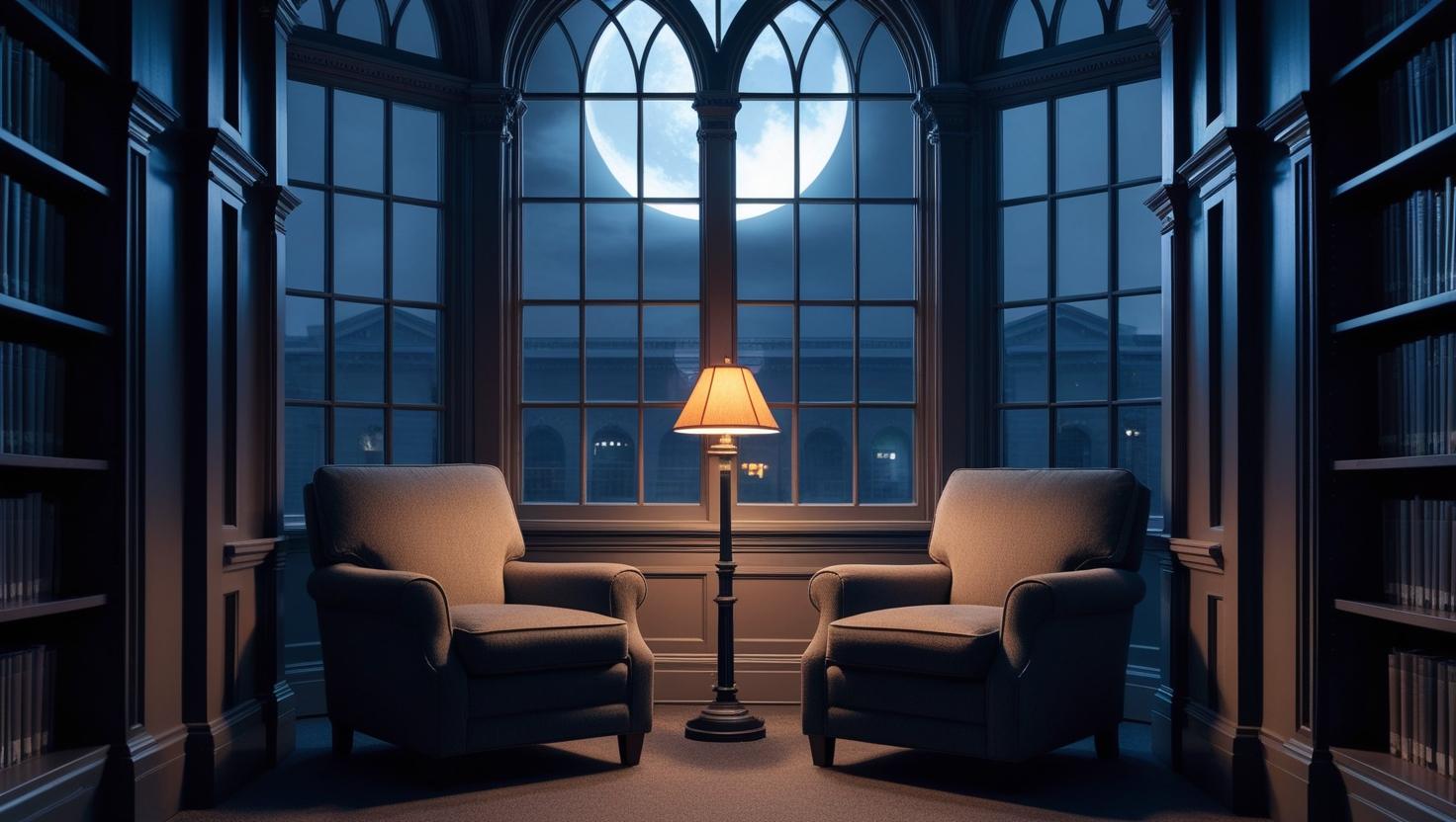 create realistic image of a library at midnight. The moon shining ...